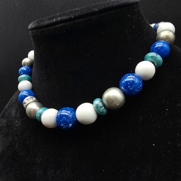 Liz Claiborne Blue Silver Tone Beaded Necklace Bracelet Set Vintage With Tag - Picture 4 of 10